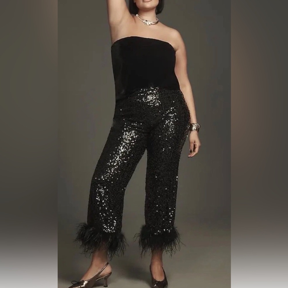 Anthropologie Hutch The Koto Faux Feather Pants Sequined Feather Trim Black